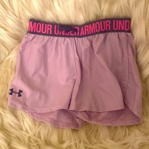 Under Armour girls athletic shorts. Purple with pink waistband.